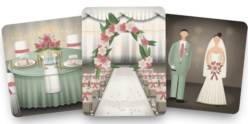 Wedding color planner preview: a reception table, a ceremony arch with an aisle and a bride and groom, all in sage green and blush
